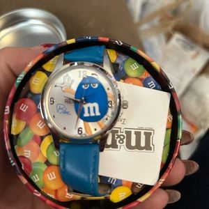 Blue M&Ms watch with tin